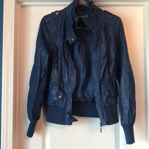 Blue faux leather bomber jacket